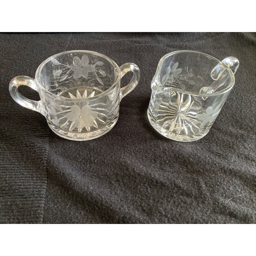 Clear Glass Sugar Bowl & Creamer Etched Vintage Floral Good Condition Quality